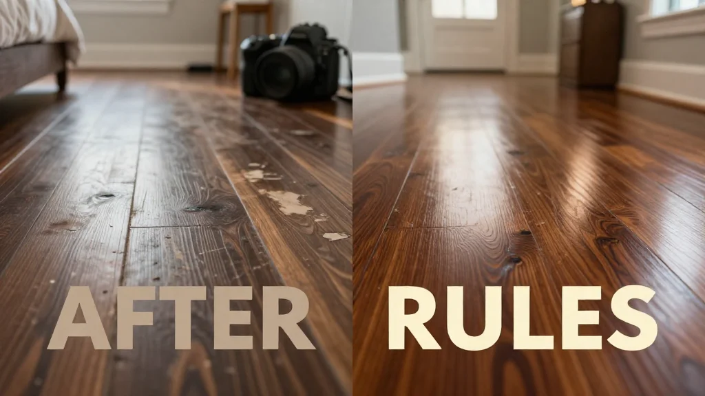 Before and after comparison of dark hardwood floor refinishing restoration