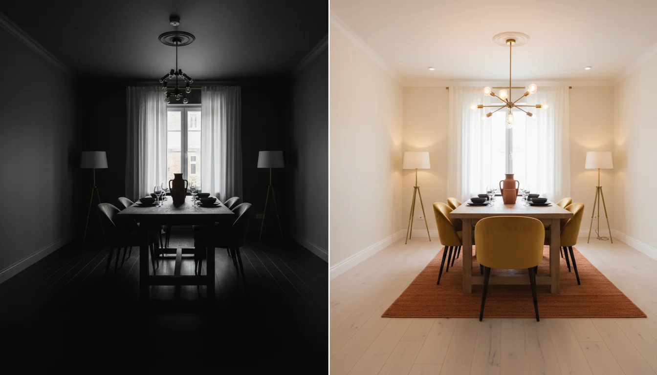 Dark floor dining room design mistakes versus solutions