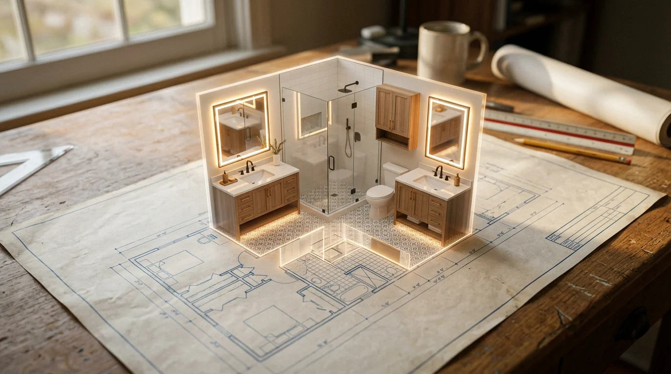 Evolution of jack and jill bathroom design from 1960s blueprint to modern 3D rendering