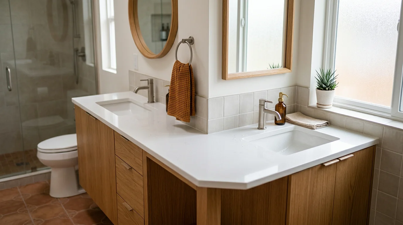 L-shaped jack and jill vanity in a compact bathroom maximizing corner space