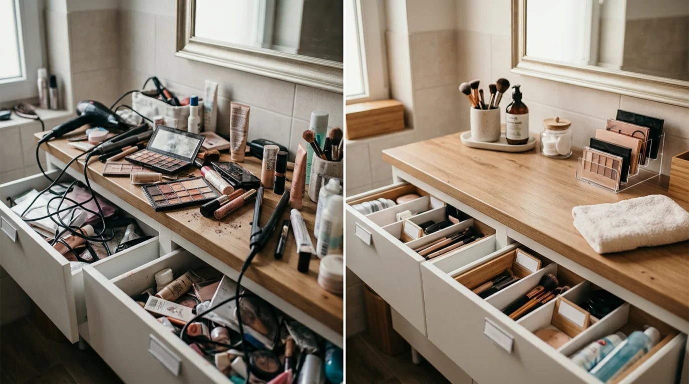 Before and after transformation of a shared bathroom vanity with smart storage solutions