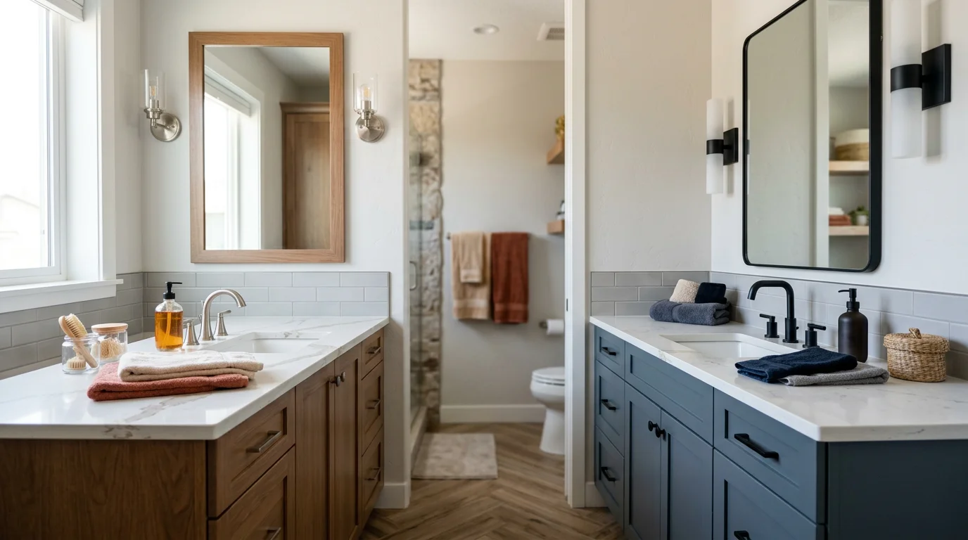 Transitional design jack and jill vanity blending warm and cool finishes in a cohesive layout