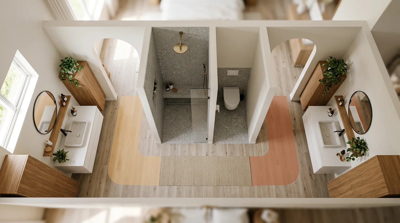 Top-down view of traffic flow in a jack and jill bathroom showing non-overlapping circulation paths