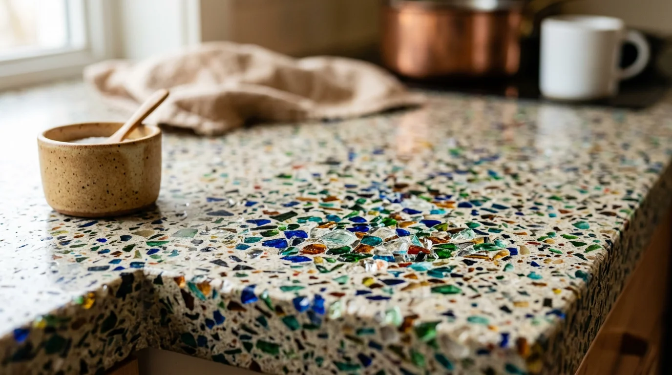 Recycled glass composite countertop with speckled texture and sustainable design