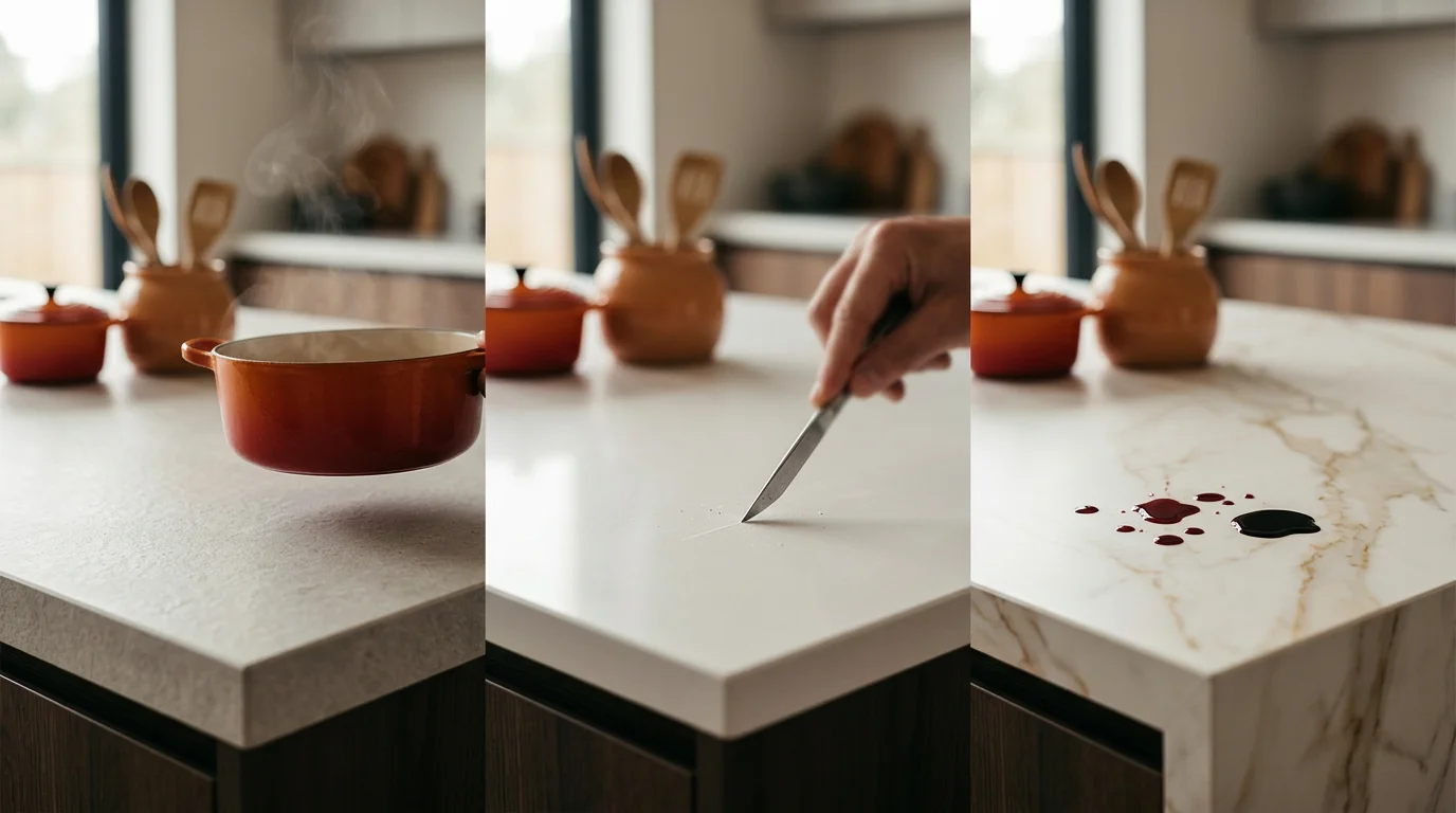 Durability comparison of sintered stone, quartz, and porcelain countertops under real-life stress tests