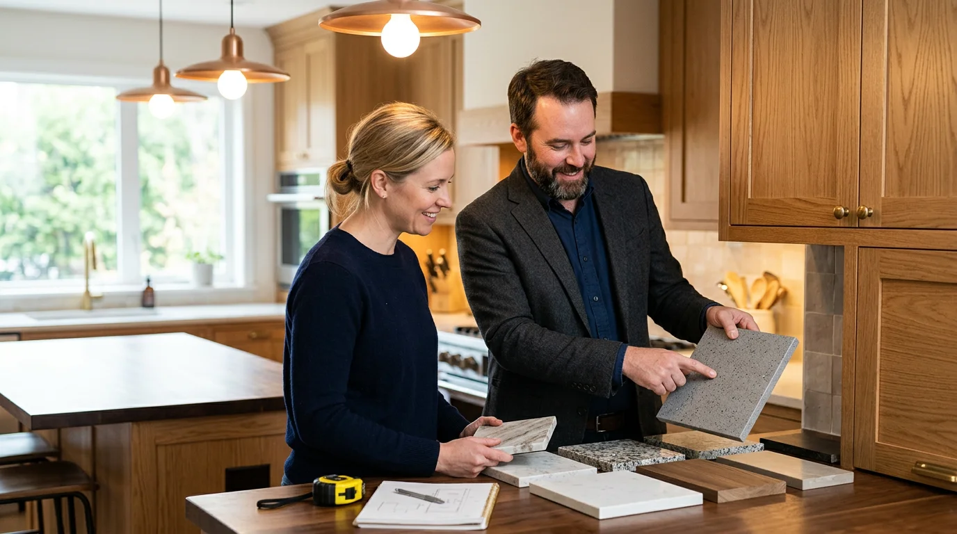 Homeowner and designer evaluating countertop samples in real lighting conditions