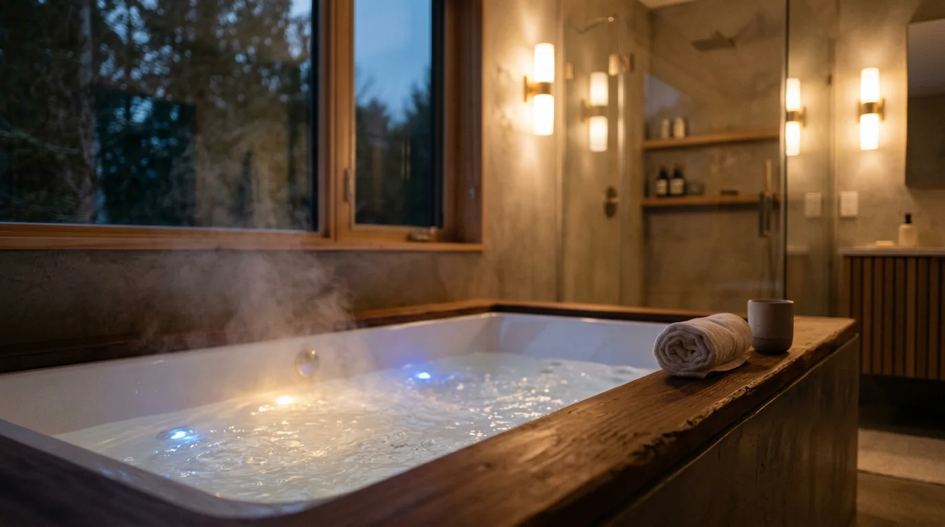Modern jacuzzi bathtub with ambient lighting and natural materials in a serene bathroom setting
