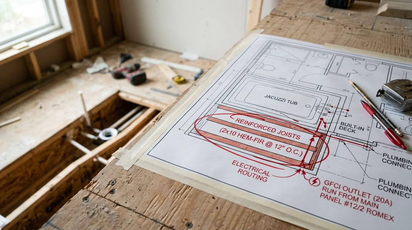 Architectural blueprint with structural reinforcement details for jacuzzi bathtub installation