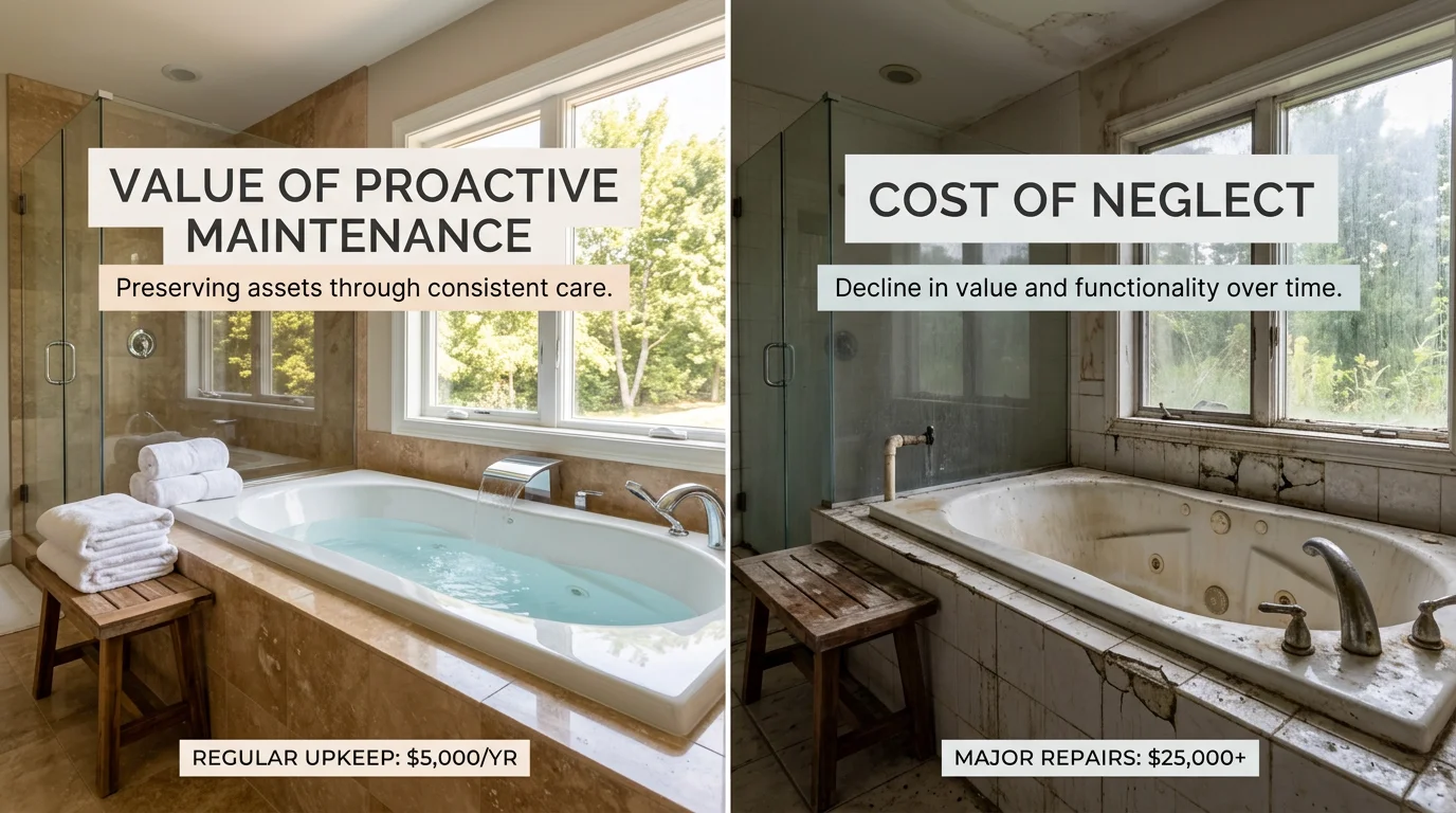 Contrast between well-maintained and neglected jacuzzi bathtubs in a bathroom setting