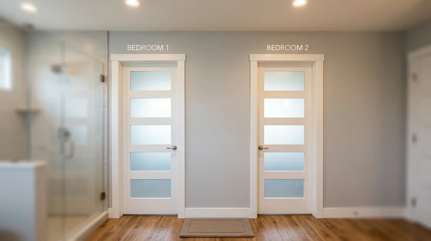 Symmetrical jack and jill bathroom doors with frosted glass panels connecting two bedrooms