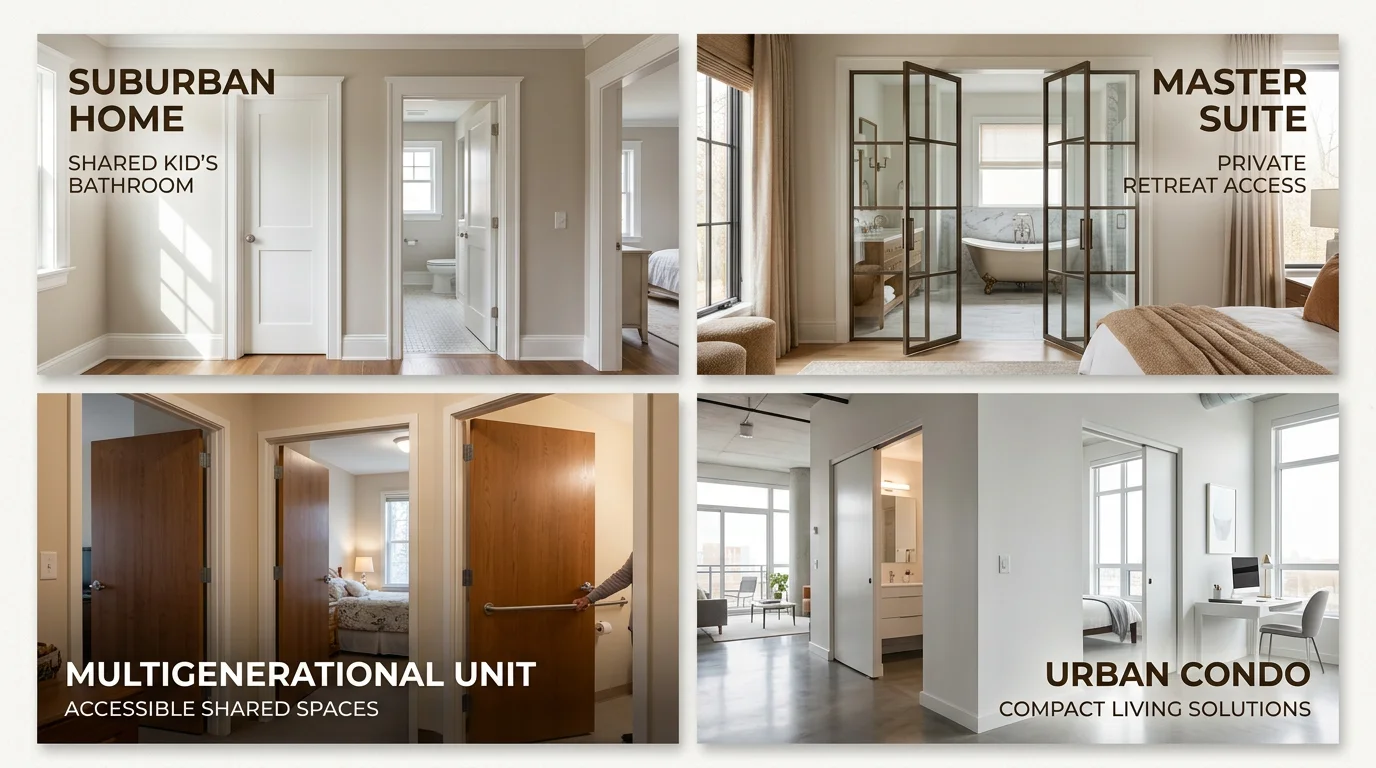 Four real-world examples of jack and jill bathroom door installations in different home types