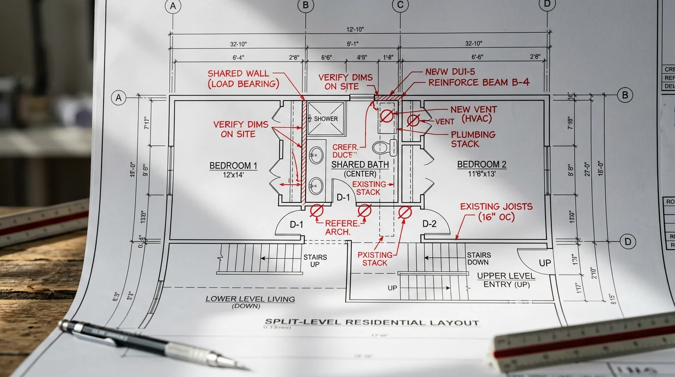 Architectural blueprint showing jack and jill bathroom layout with structural and ventilation details