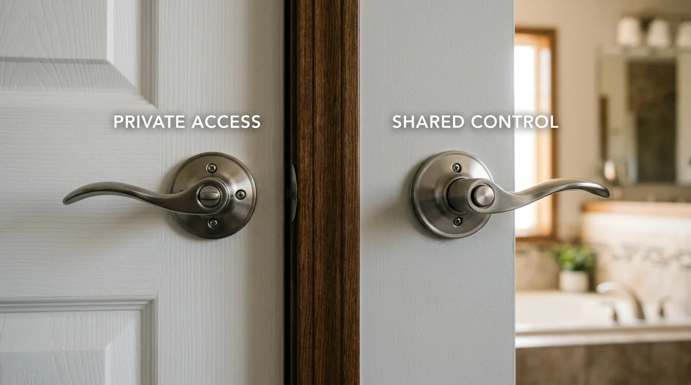 Dual door handles with privacy locks on shared bathroom wall