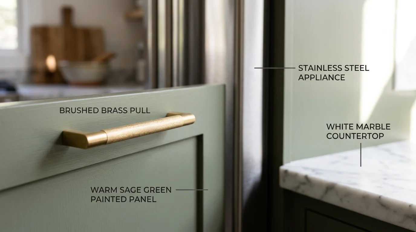 Brushed brass hardware sample on warm sage green cabinet with stainless steel and marble accents