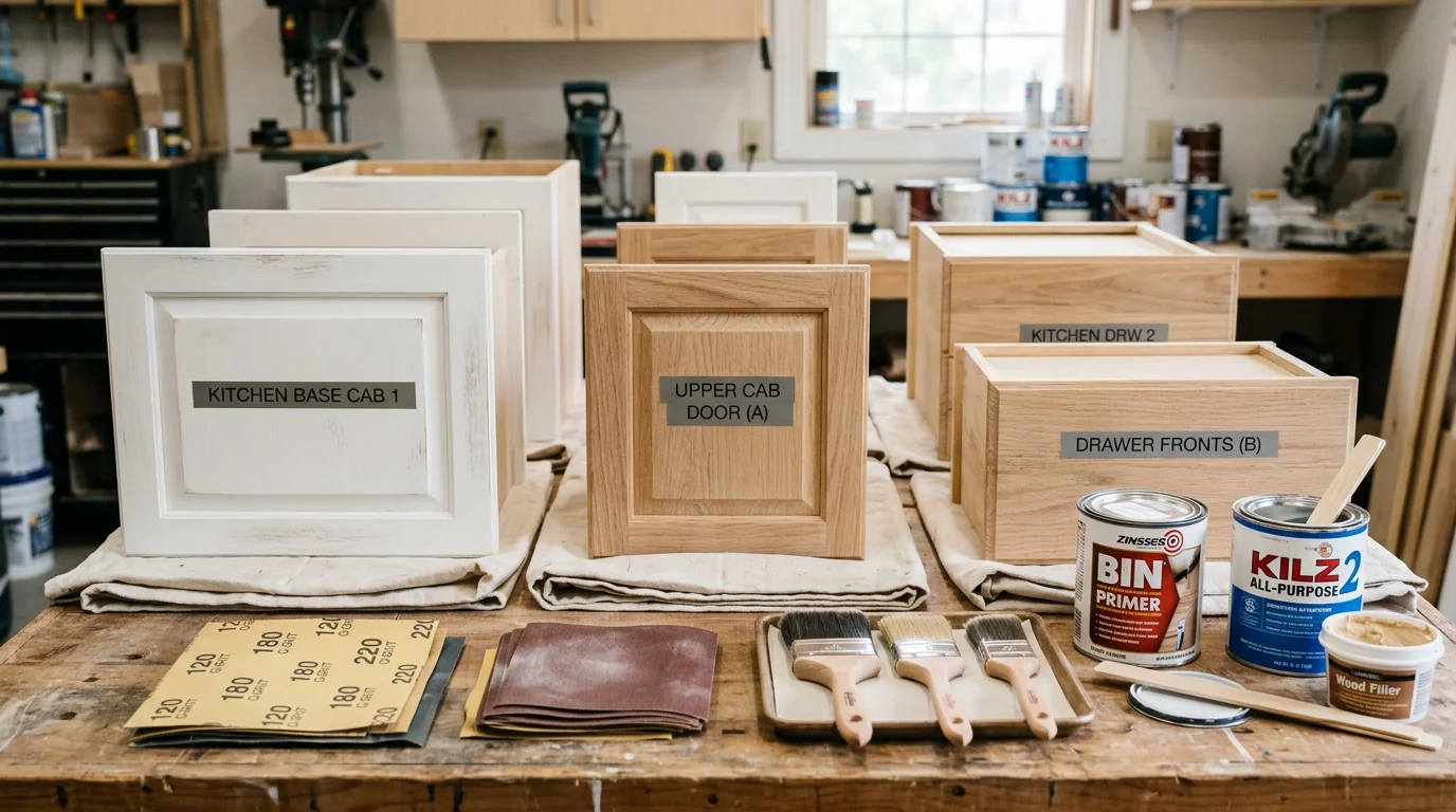 Organized cabinet painting prep station with labeled doors and tools ready for painting