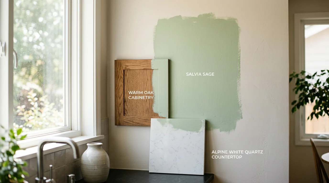 Testing light green paint swatch on kitchen wall with adjacent wood and countertop samples under natural light