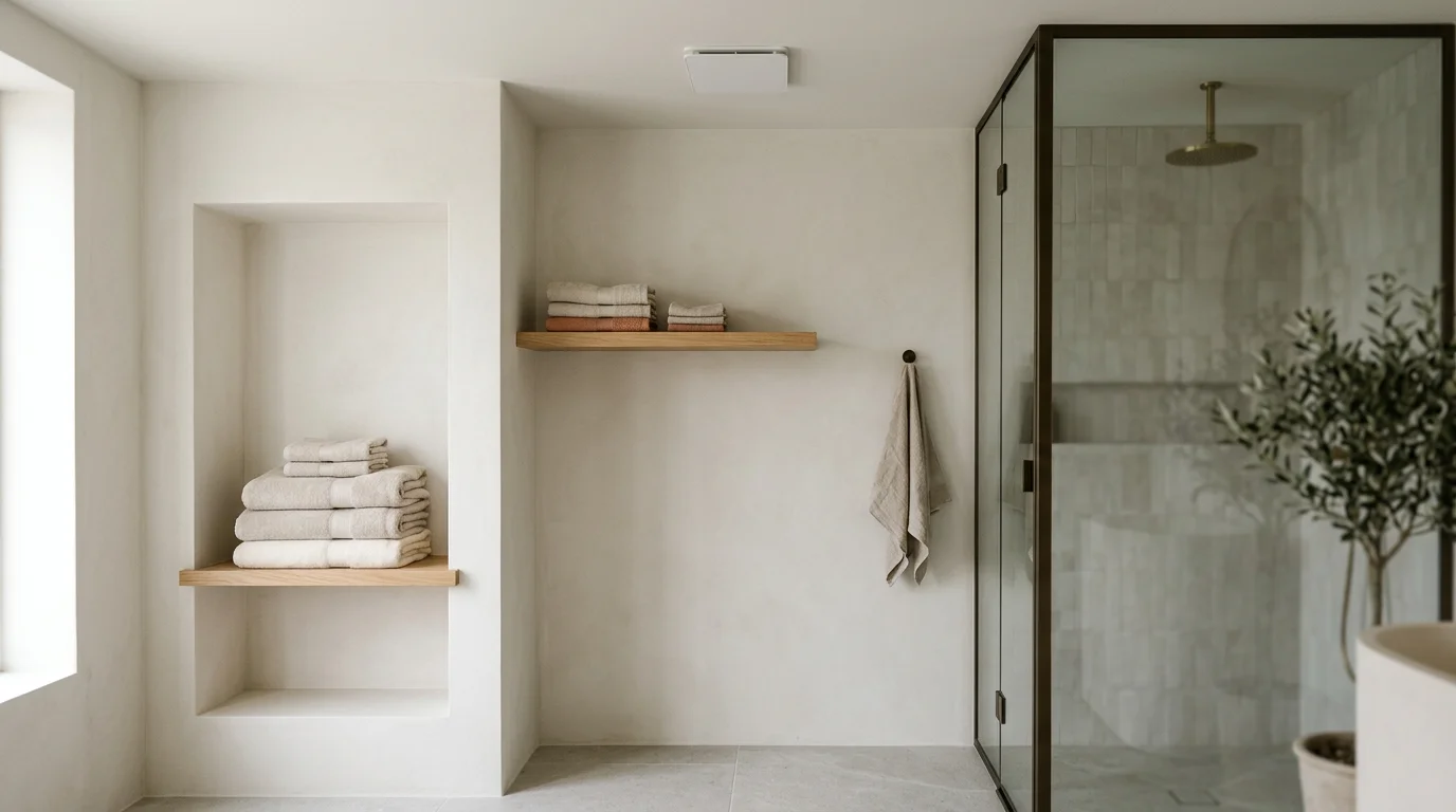Minimalist bathroom storage and ventilation elements in a spa-like setting