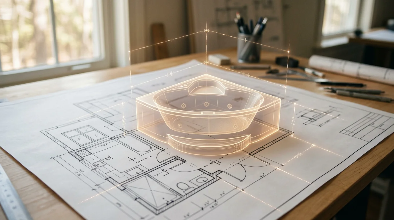 Architectural blueprint with 3D jacuzzi model showing precise fit in bathroom layout