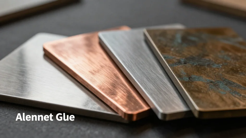 Metal tile samples showing stainless steel, copper, aluminum, and bronze finishes with different surface textures