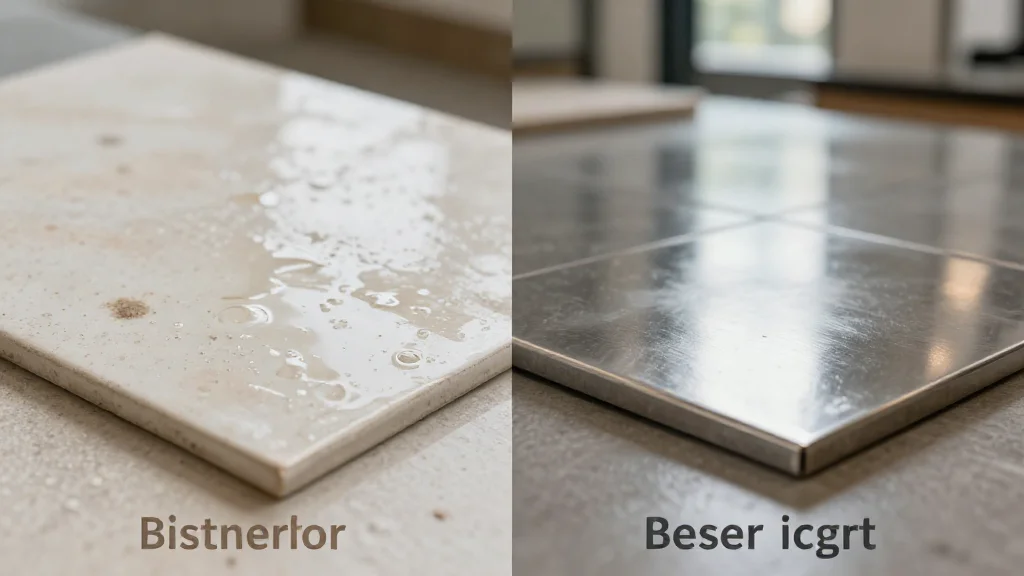Side-by-side comparison of ceramic tile water spots versus pristine metal tile surface