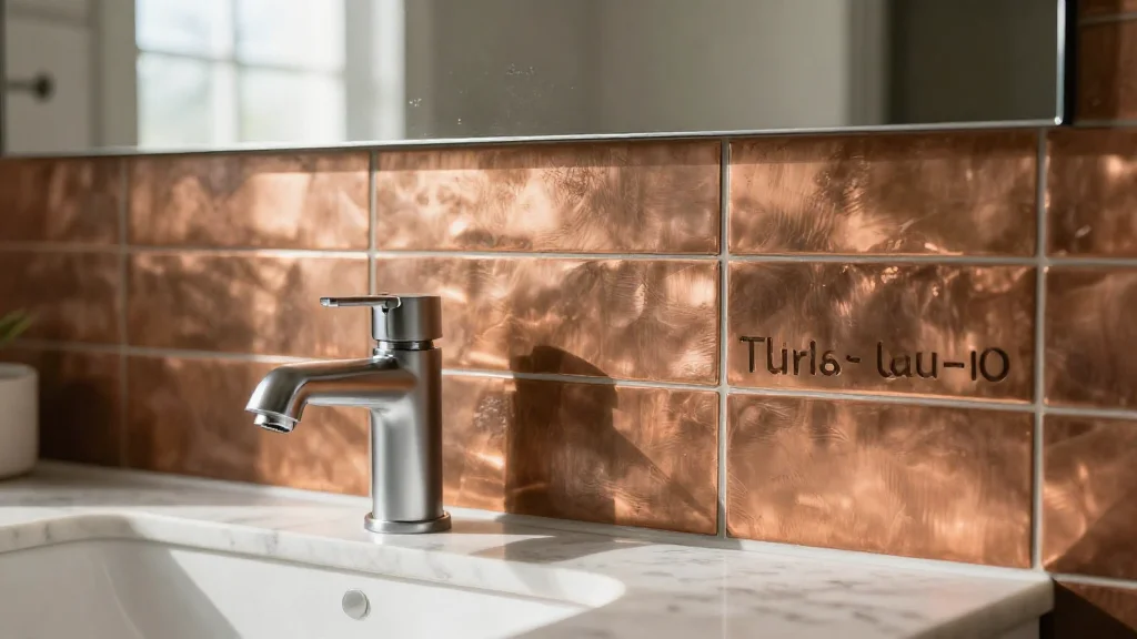 Brushed copper metal tile backsplash behind a modern bathroom vanity with warm lighting