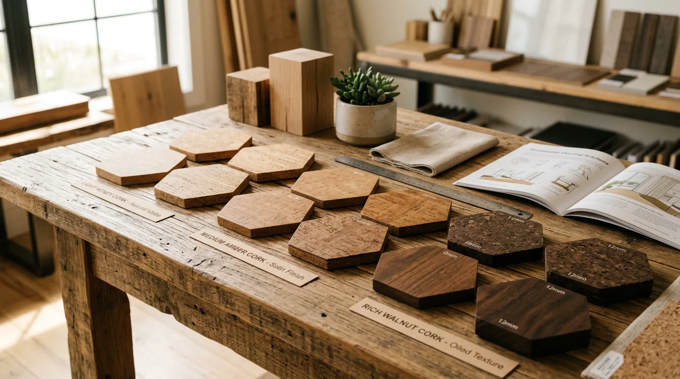 Cork flooring samples showing various colors, thicknesses, and finishes