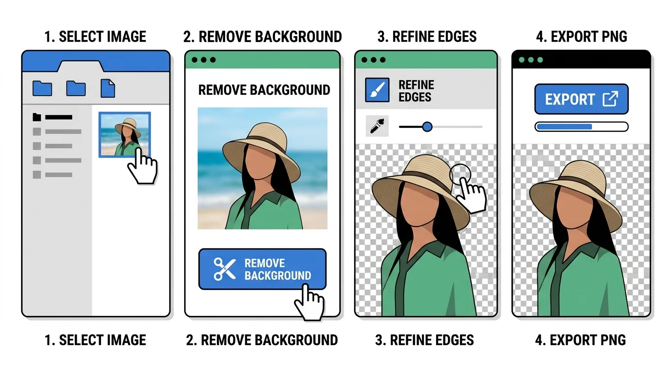 Diagram of the four main steps to remove an image background using AI tools