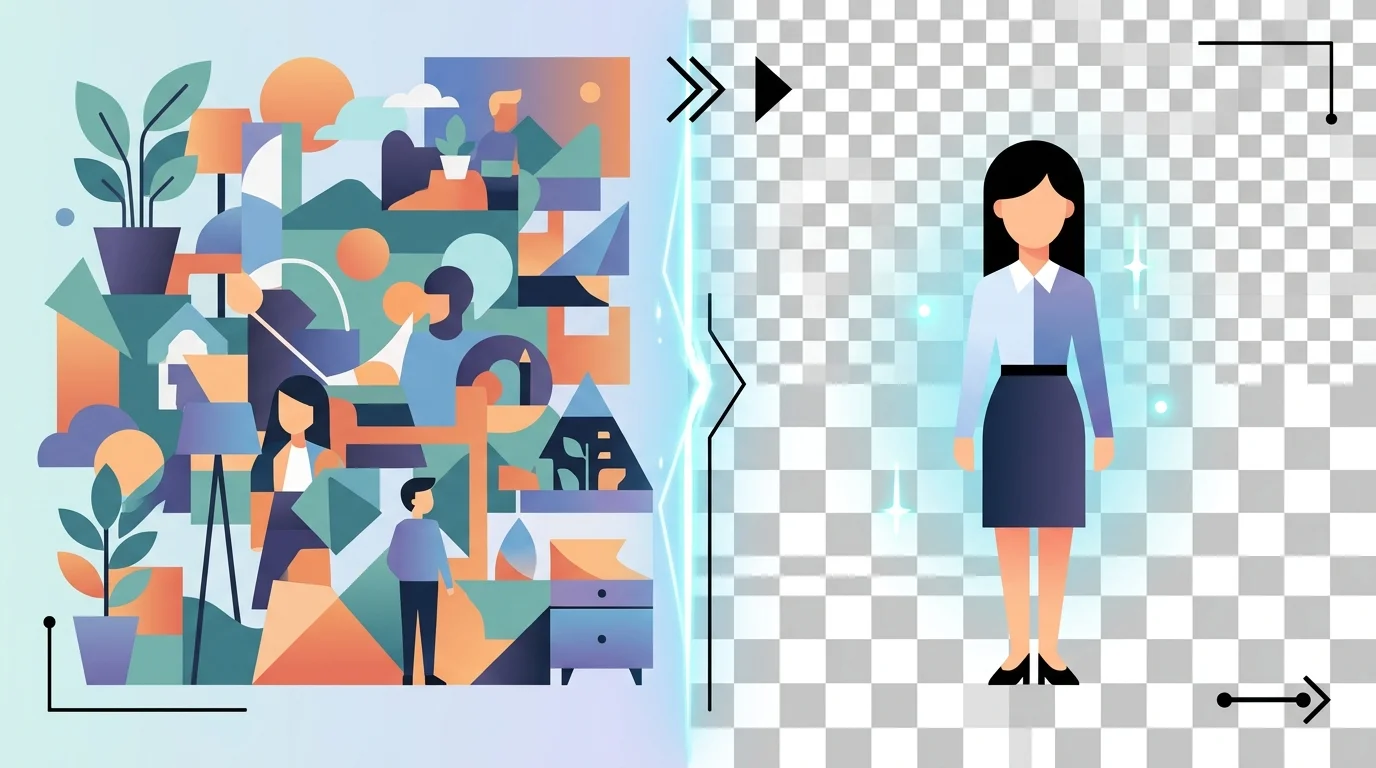 Illustration of an image transforming from a cluttered background to a clean transparent background