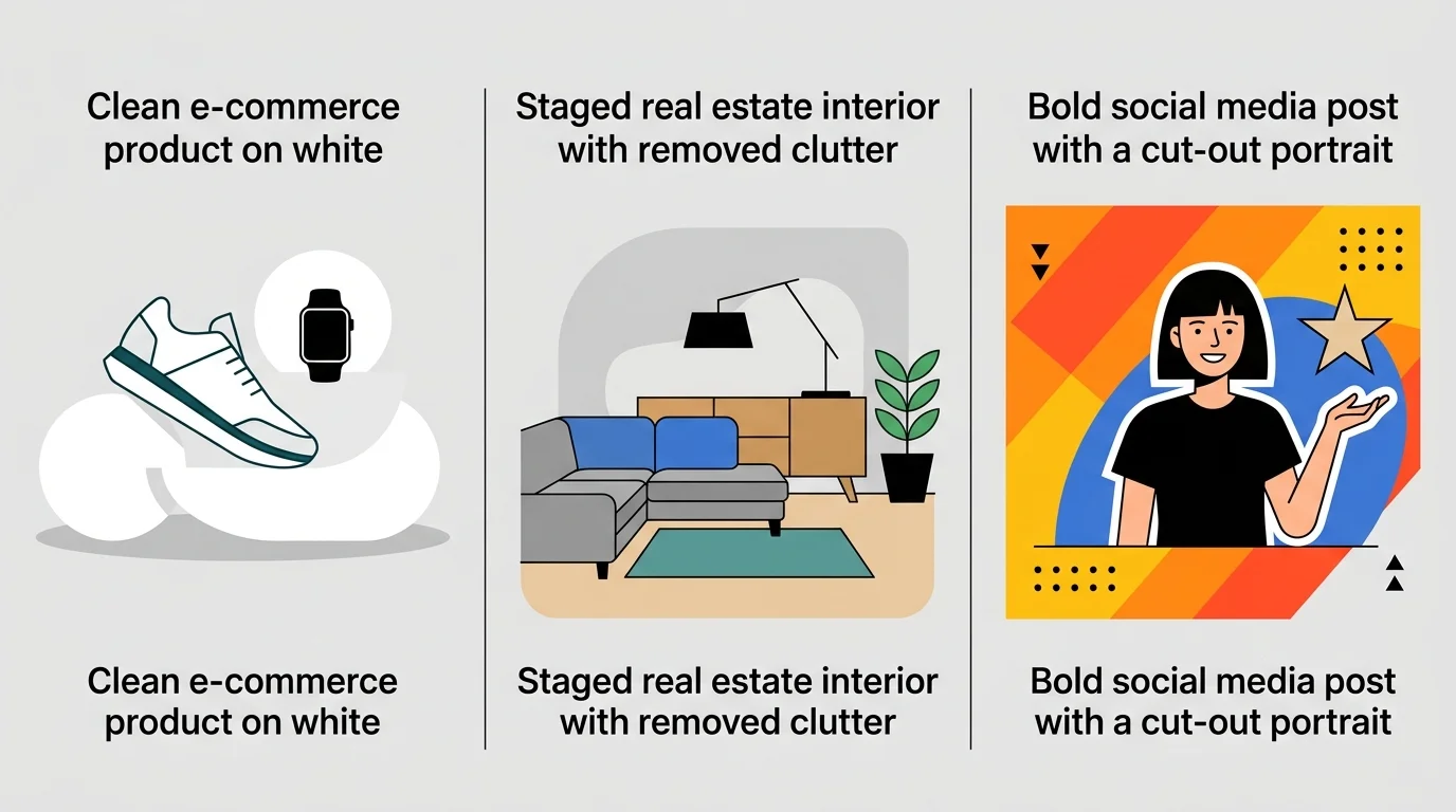 Collage of e-commerce, real estate, and social media images using background removal
