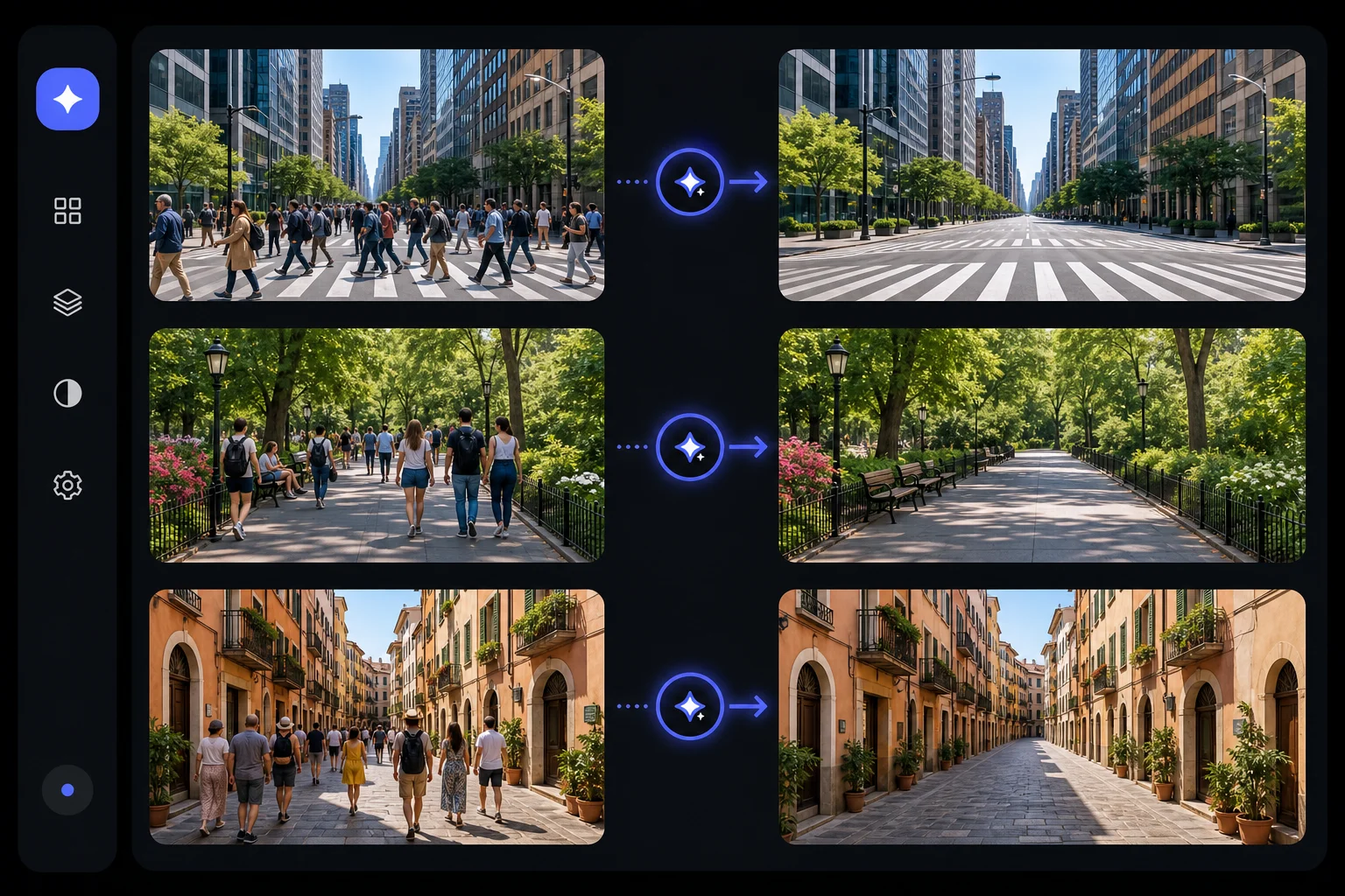 Flat-design illustration of AI photo editing results showing people removed