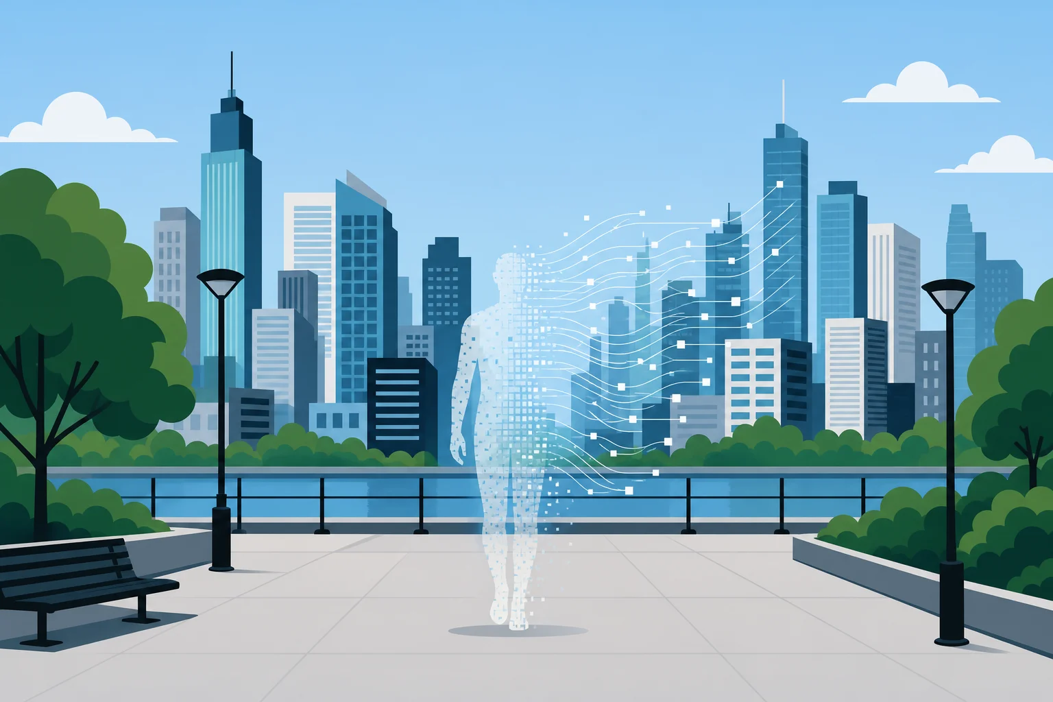 Conceptual flat-design illustration of AI removing a person from a city photo