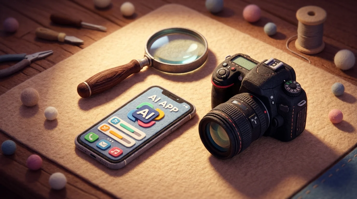 Three tools on a workbench representing different levels of image enhancement: magnifying glass, smartphone with AI app, and DSLR camera
