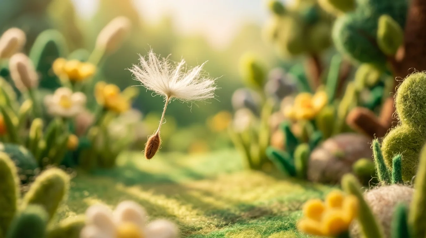 A floating dandelion seed in sharp focus against a soft, blurred garden background, representing precision and clarity in image enhancement