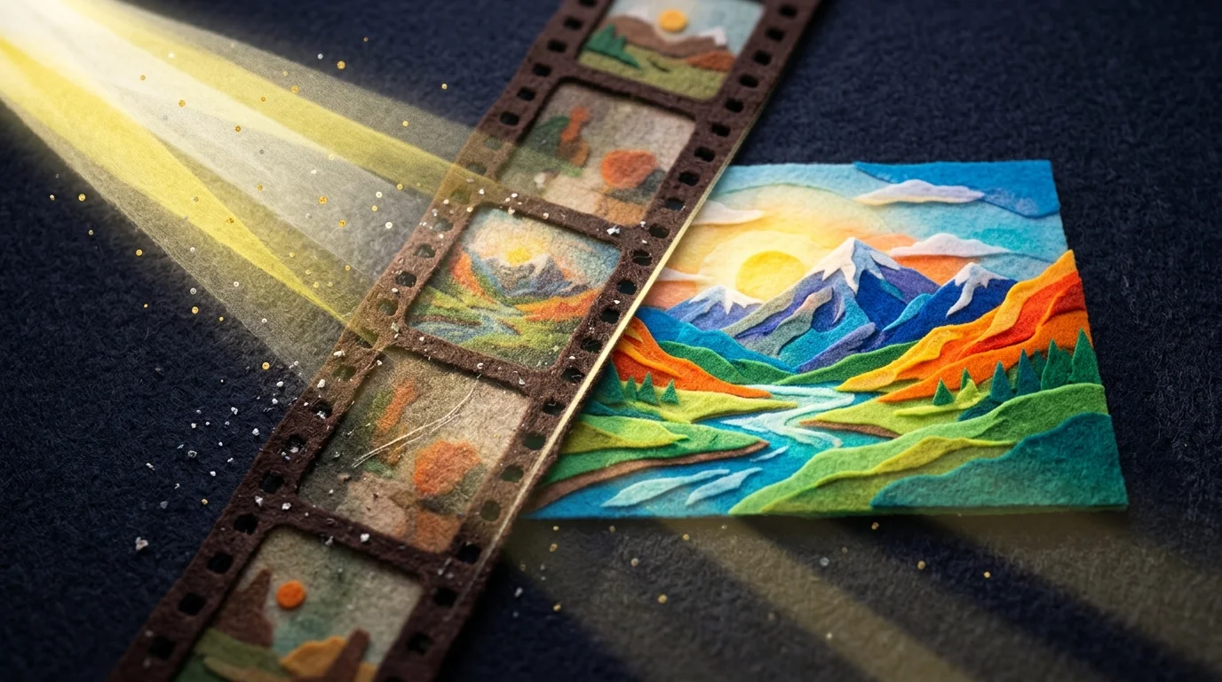 Split image showing old film strip transitioning into a sharp digital photo, representing the evolution from manual to AI-driven enhancement