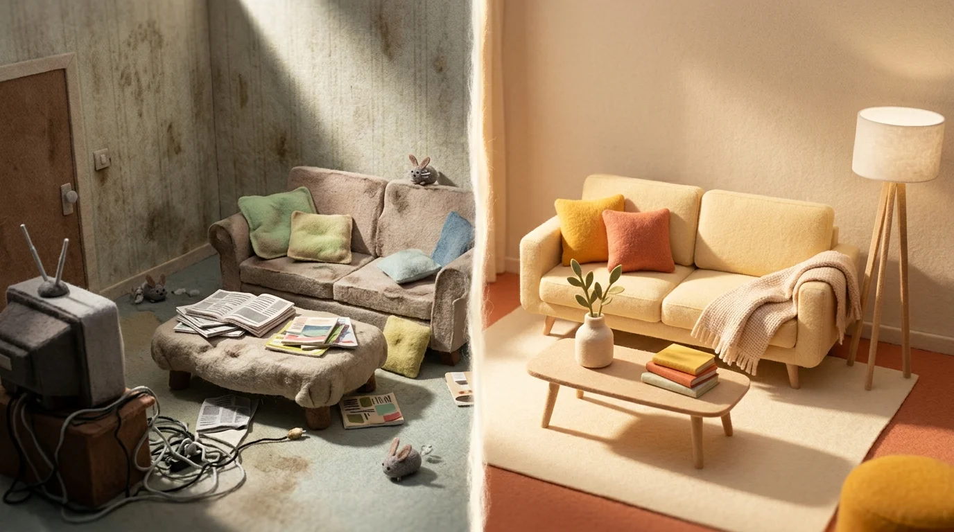 Real estate photo transformation showing AI-powered object removal and staging enhancement