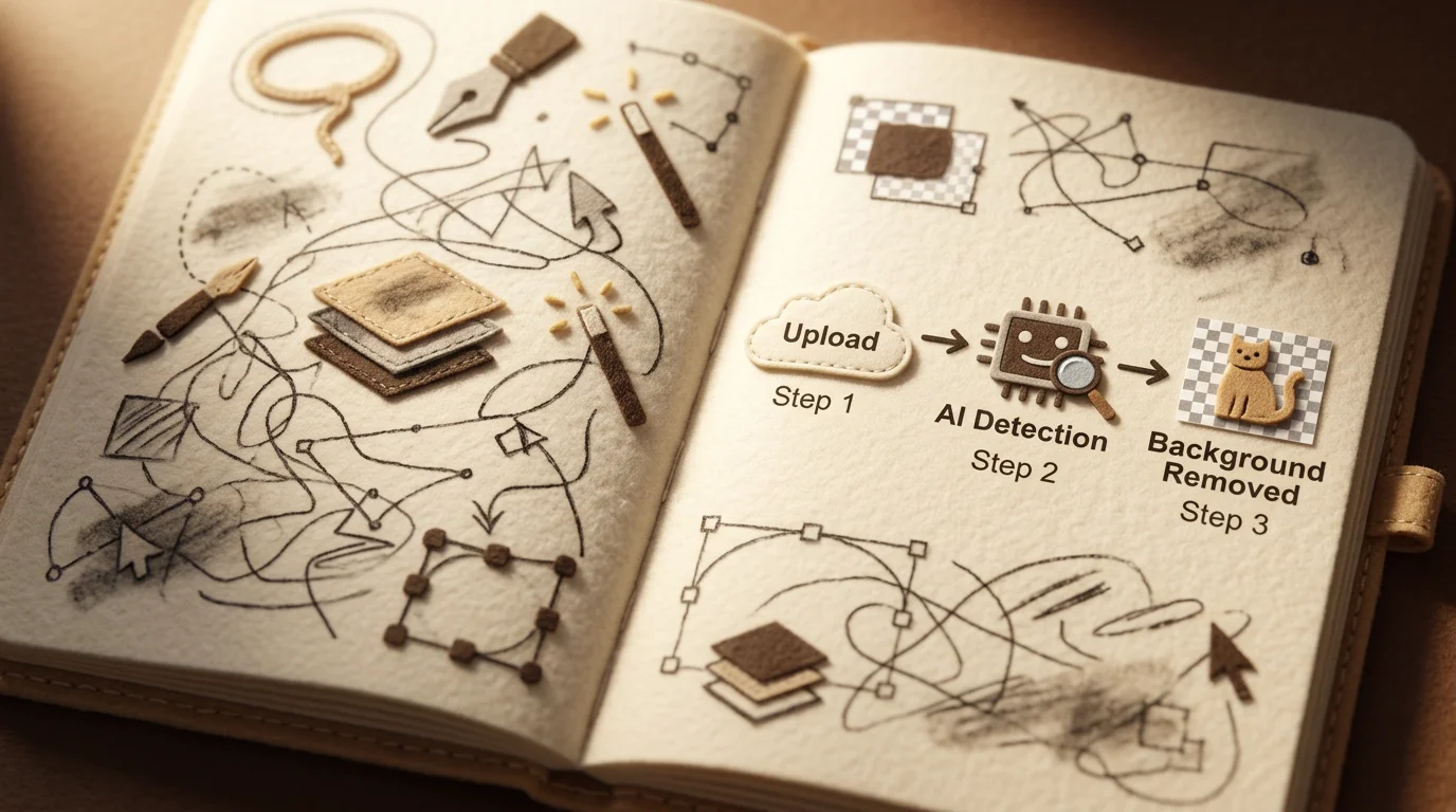 Flowchart showing simple AI process vs. complex manual editing, illustrating the efficiency of modern tools